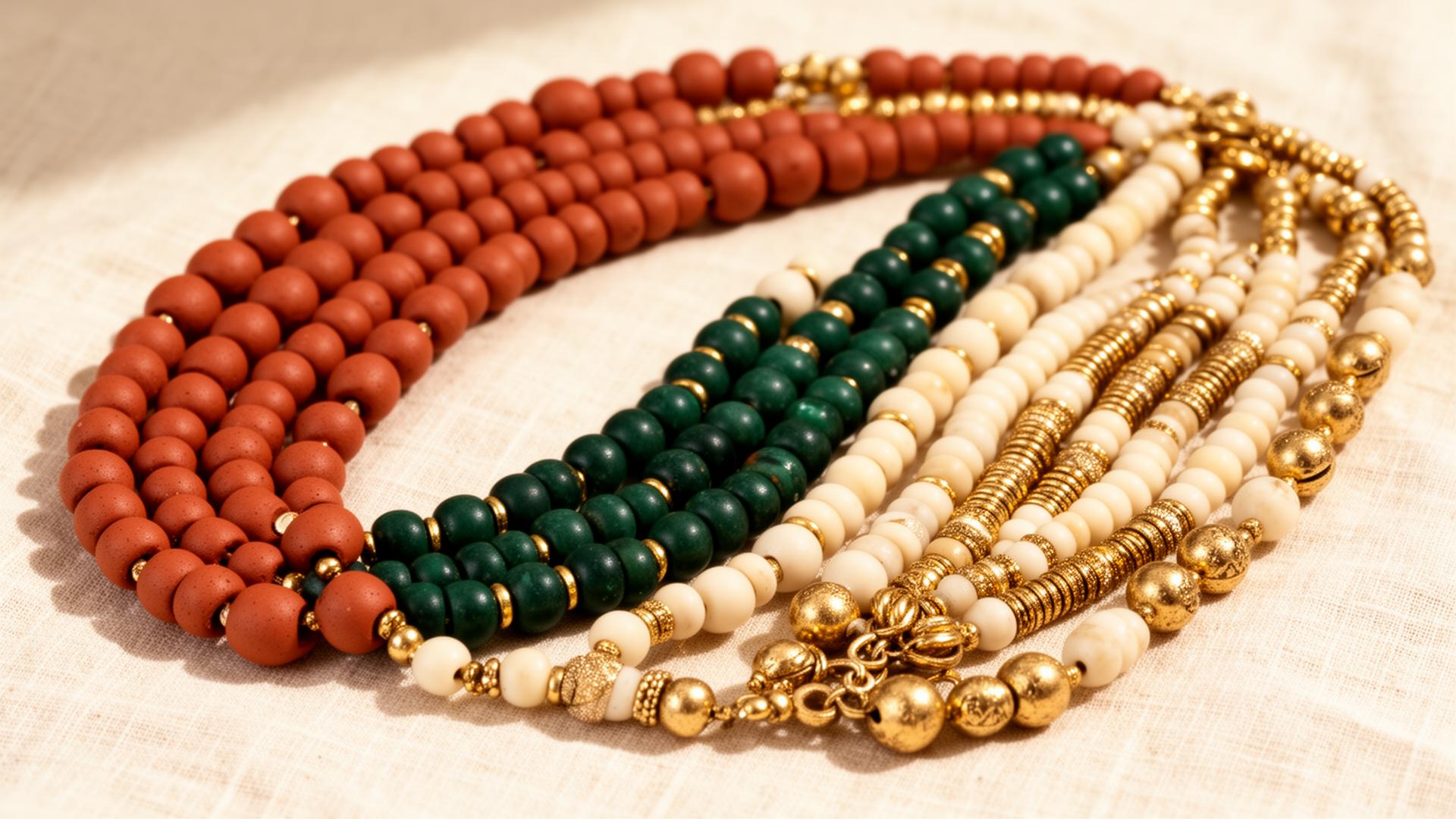 Handmade African beaded jewelry in terracotta, gold and cream